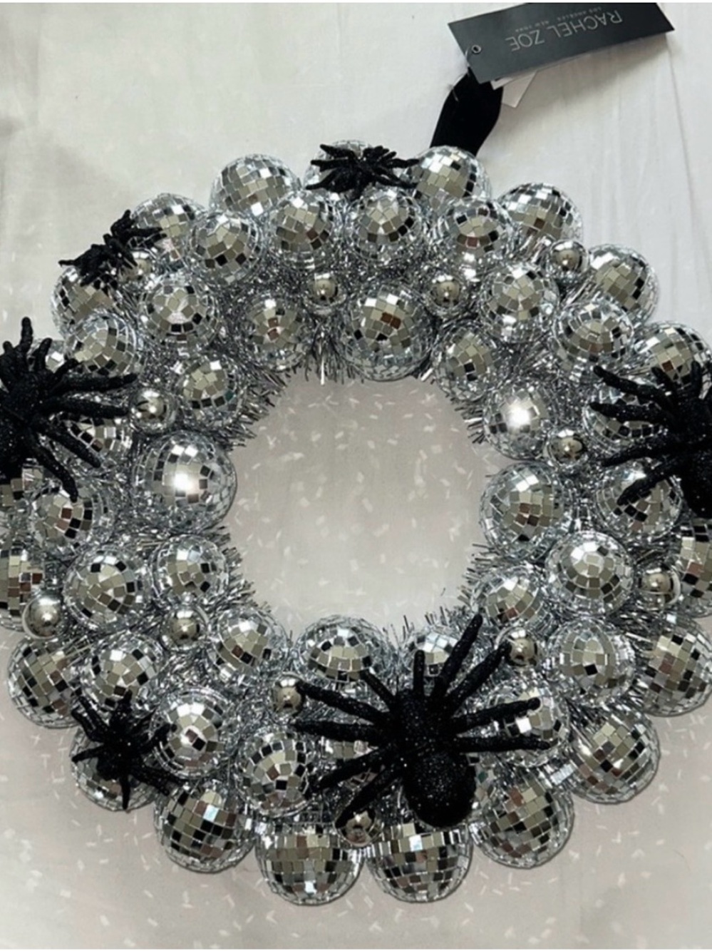 Rachel Zoe Silver Disco Ball Wreath with Black Spider Accents